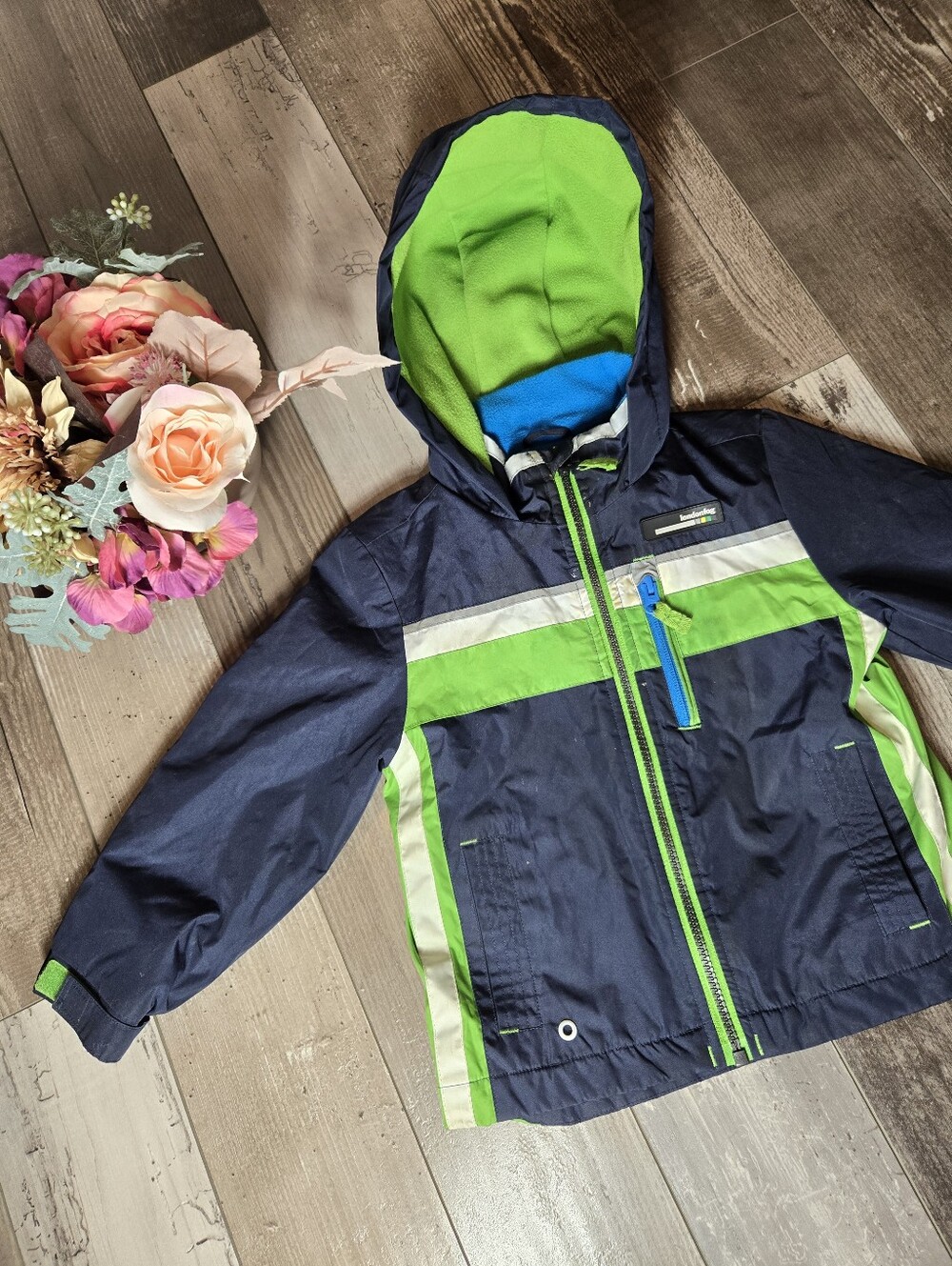 London Fog Toddler Boy 3T Navy & Lime Hooded Waterproof Jacket